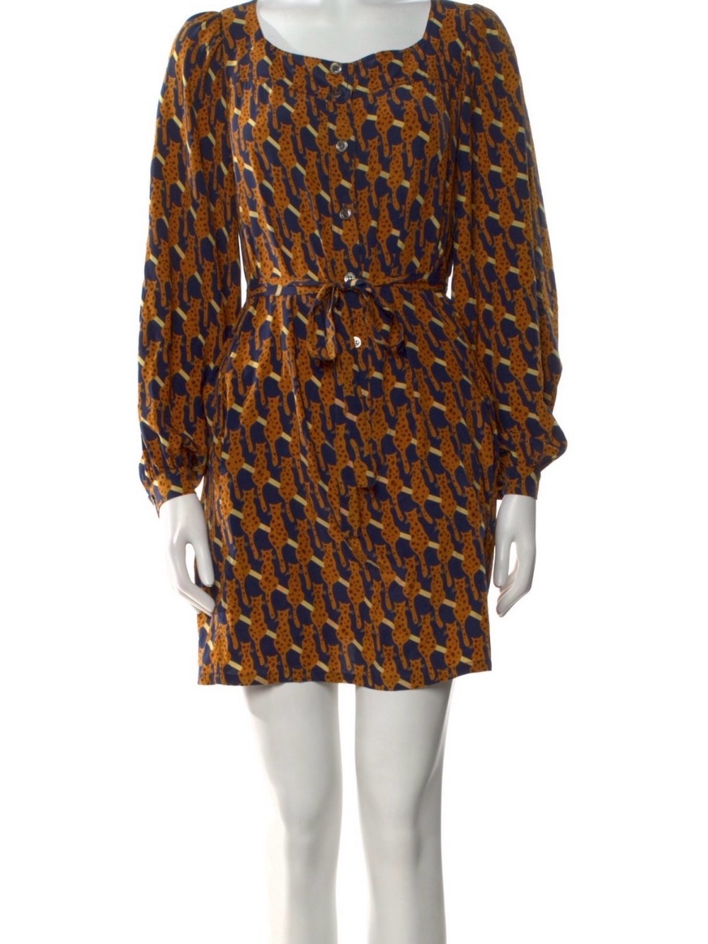 Paul & Joe Navy and Mustard Printed Tie-Waist Mini Dress